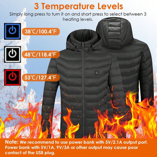 Moclever Lightweight Heated Winter Jacket 8 Heating Zones Detachable Hood
