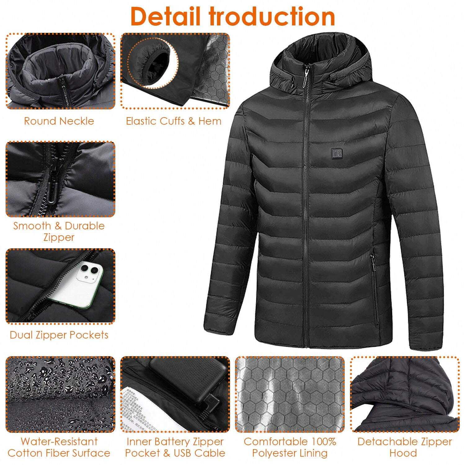 Moclever Lightweight Heated Winter Jacket 8 Heating Zones Detachable Hood
