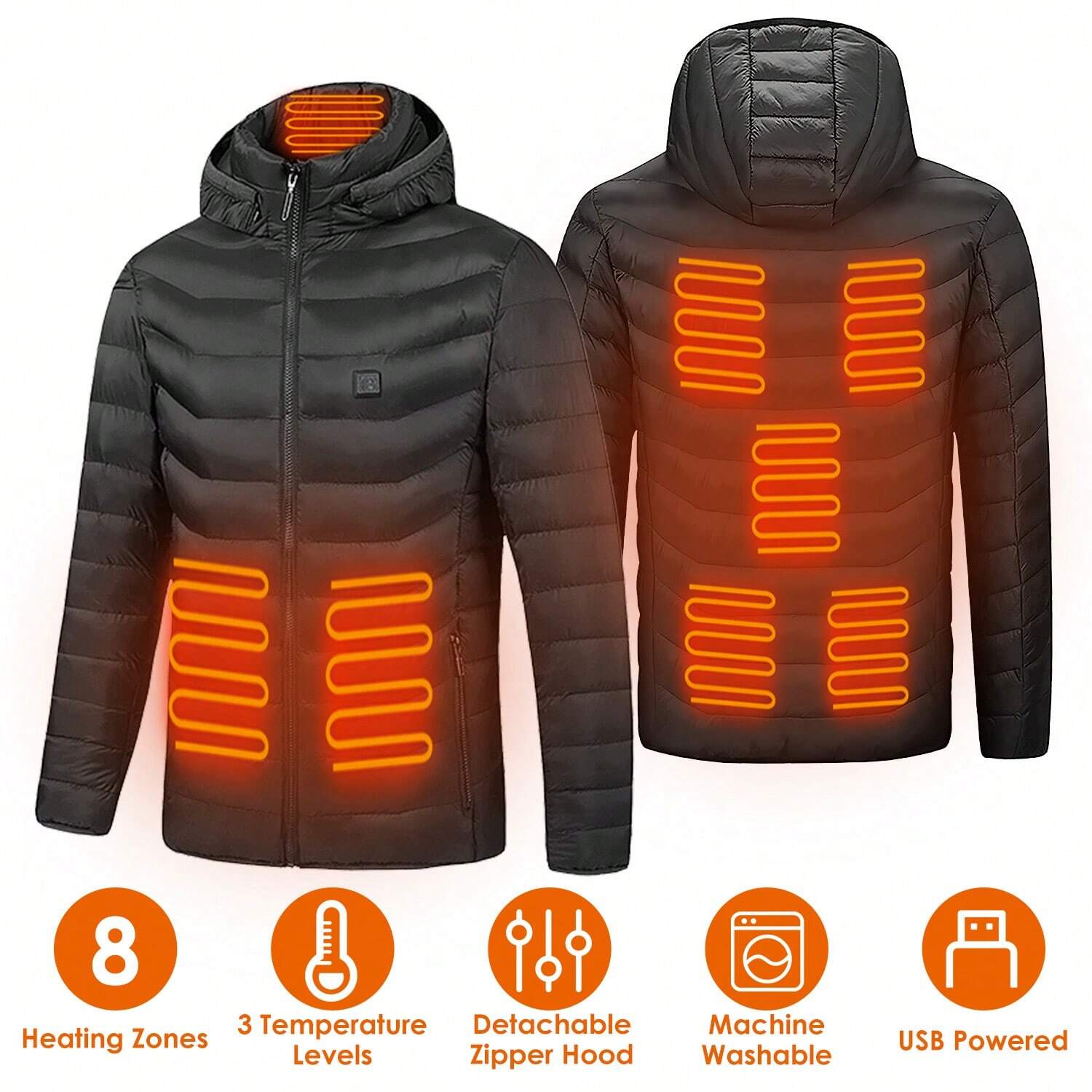 Moclever Lightweight Heated Winter Jacket 8 Heating Zones Detachable Hood